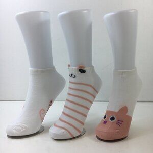 Womens Ankle Socks Set 3 Cat Print Stripes White Pink Black
